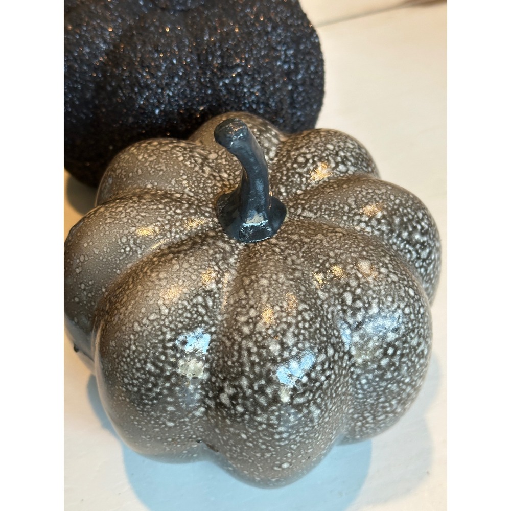 Black and Silver Decorative Pumpkins Set of 5 Glitter Marble Speckled Halloween - Picture 5 of 11